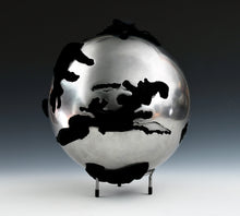 Load image into Gallery viewer, Steel Sphere with Velvet Fabric  Diameter: 12&quot; (30 cm) - Thickness: 1/8&quot; (3 mm)  Fabric: Velvet - black  Steel is layered 1 depth below the surface in a few areas  Style: Enclosed  Weight 16 lbs (7 kg)
