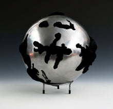 Load image into Gallery viewer, Steel Sphere with Velvet Fabric  Diameter: 12&quot; (30 cm) - Thickness: 1/8&quot; (3 mm)  Fabric: Velvet - black  Steel is layered 1 depth below the surface in a few areas  Style: Enclosed  Weight 16 lbs (7 kg)
